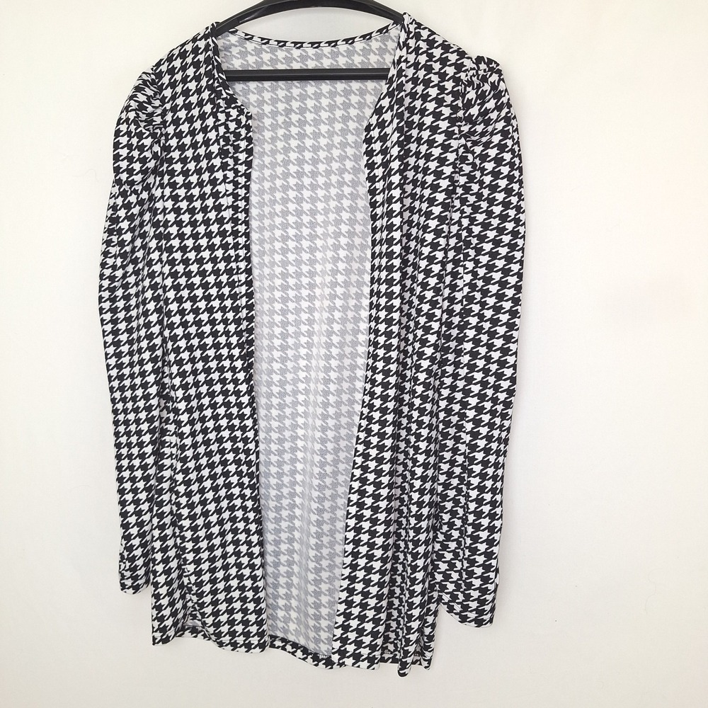 Whimsigoth Minimalist Layering Black White Houndstooth Puffed Sleeve Cardigan XL